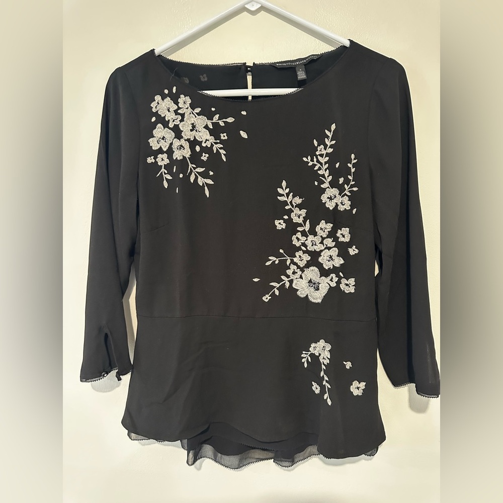 White House Black Market Black Top with White Floral Design